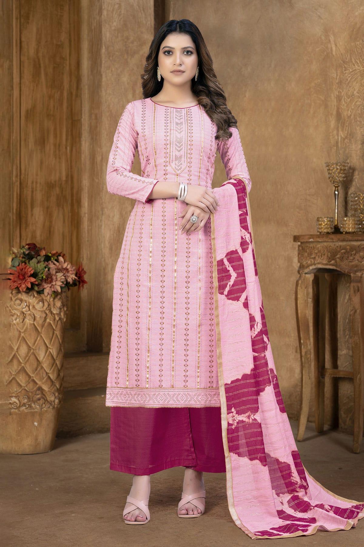 Light Pink Colour Unstitched Cambric Cotton Palazzo Pant Suit