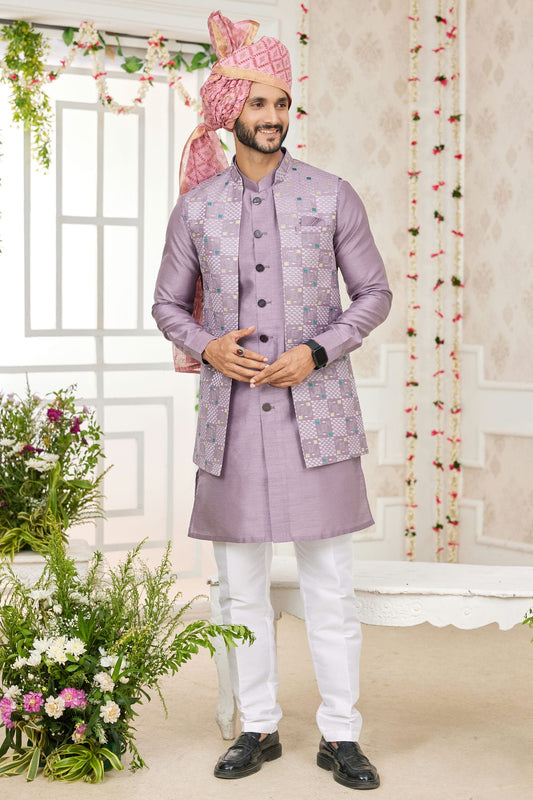 Light Purple Colour Art Silk Kurta Pajama With Jacket