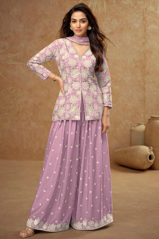 Light Purple Colour Chinon Palazzo Pant Suit