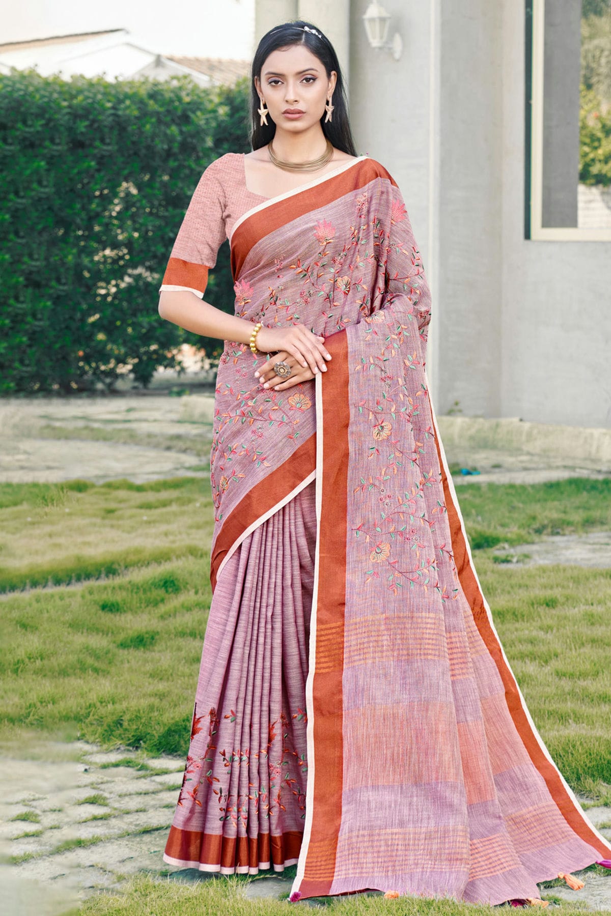 Light Purple Colour Embroidery Work Linen Saree