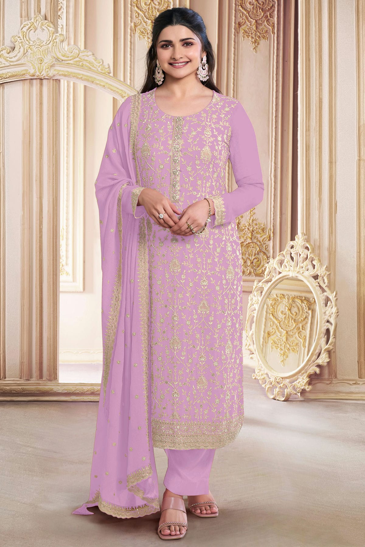 Light Purple Colour Faux Georgette Semi Stitched Pant Style Suit