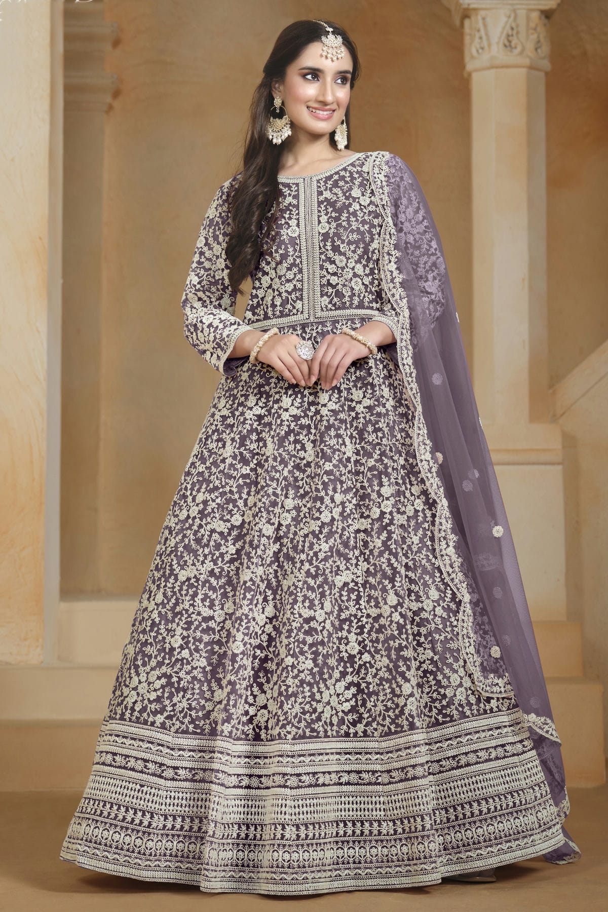 Light Purple Colour Net Semi Stitched Anarkali Suit