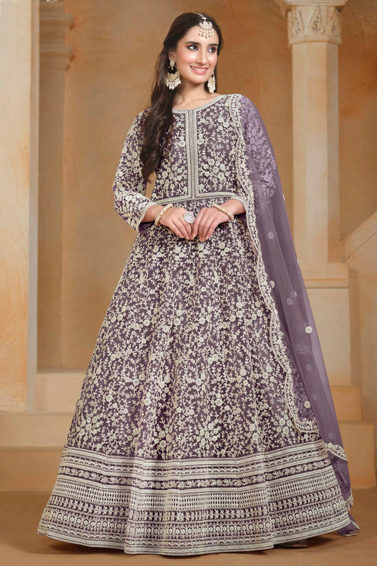 Light Purple Colour Net Semi Stitched Anarkali Suit