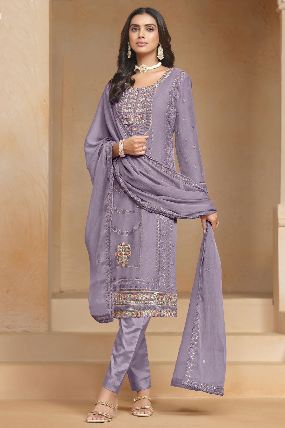 Light Purple Colour Organza Chiffon Semi Stitched Pant Style Suit VSSM1050610