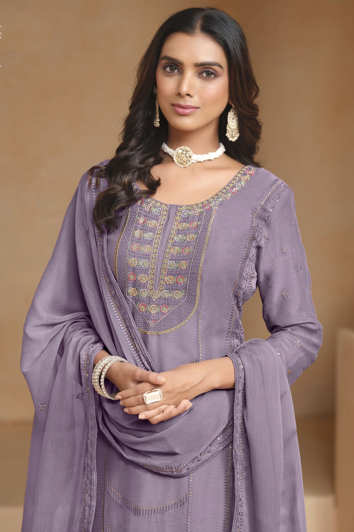 Light Purple Colour Organza Chiffon Semi Stitched Pant Style Suit VSSM1050610