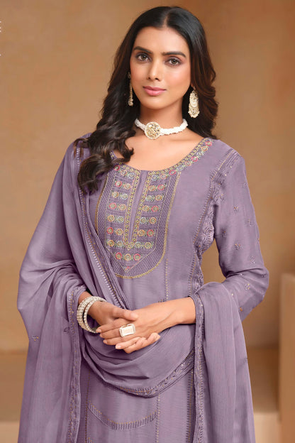 Light Purple Colour Organza Chiffon Semi Stitched Pant Style Suit VSSM1050610