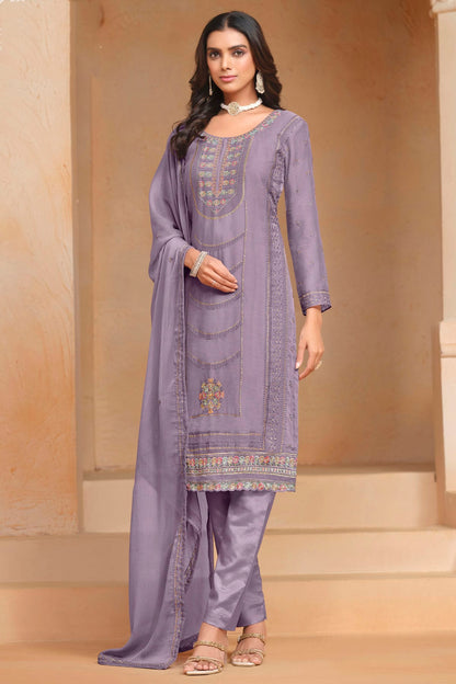 Light Purple Colour Organza Chiffon Semi Stitched Pant Style Suit