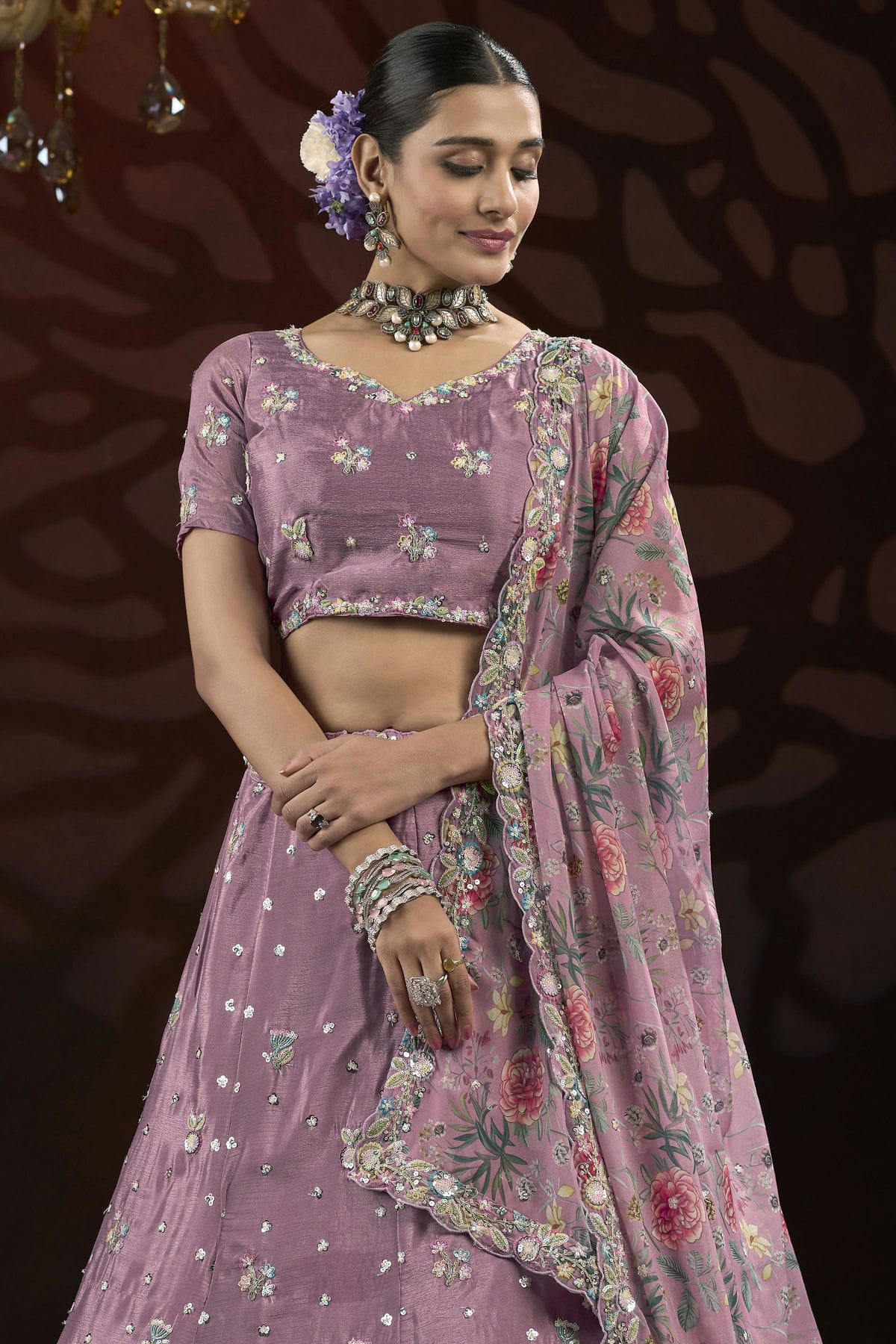 Light Purple Colour Semi Stitched Chinon Lehenga Choli VSLC1112518