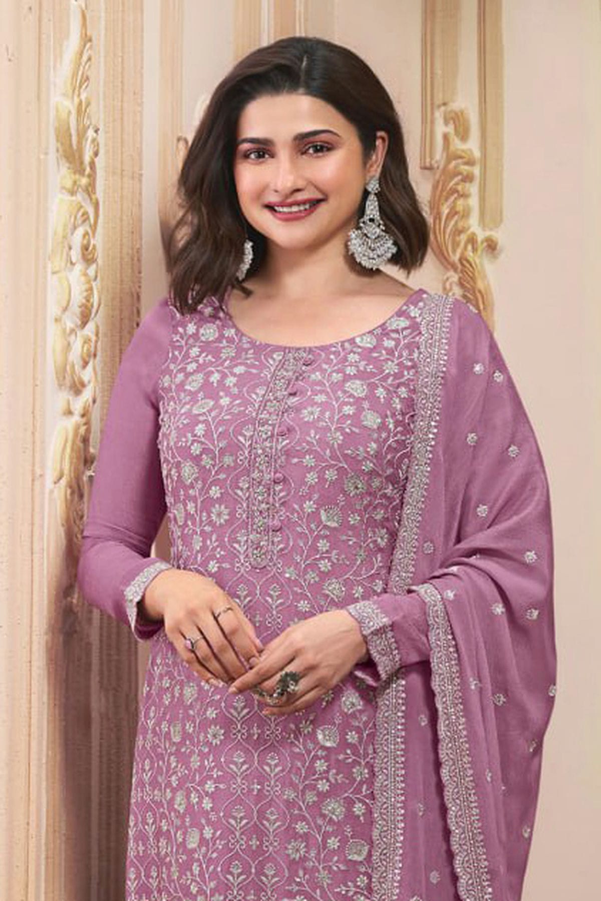 Light Purple Colour Semi Stitched Chinon Silk Pant Style Suit