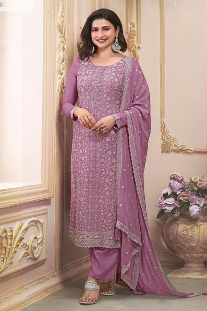 Light Purple Colour Semi Stitched Chinon Silk Pant Style Suit