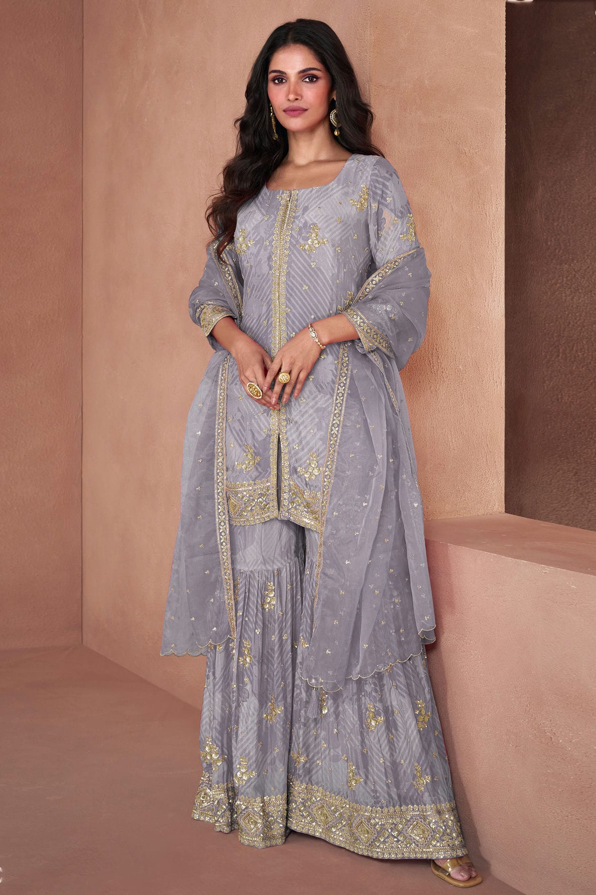 Light Purple Colour Semi Stitched Faux Georgette Sharara Suit