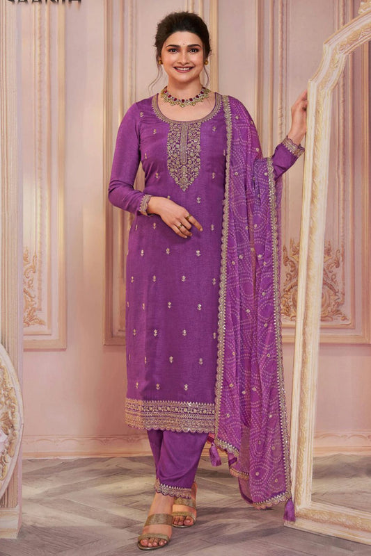 Light Purple Colour Semi Stitched Silk Georgette Pant Style Suit