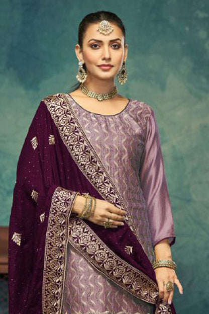 Light Purple Colour Semi Stitched Vichitra Silk Pant Style Suit