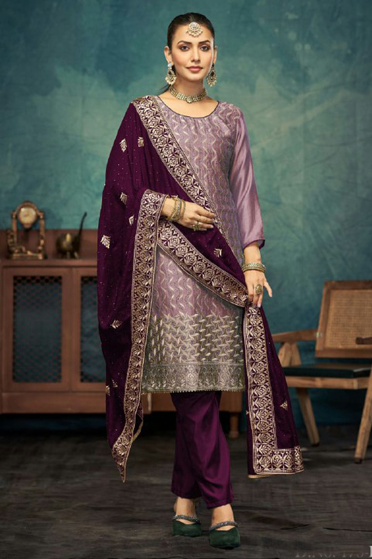 Light Purple Colour Semi Stitched Vichitra Silk Pant Style Suit