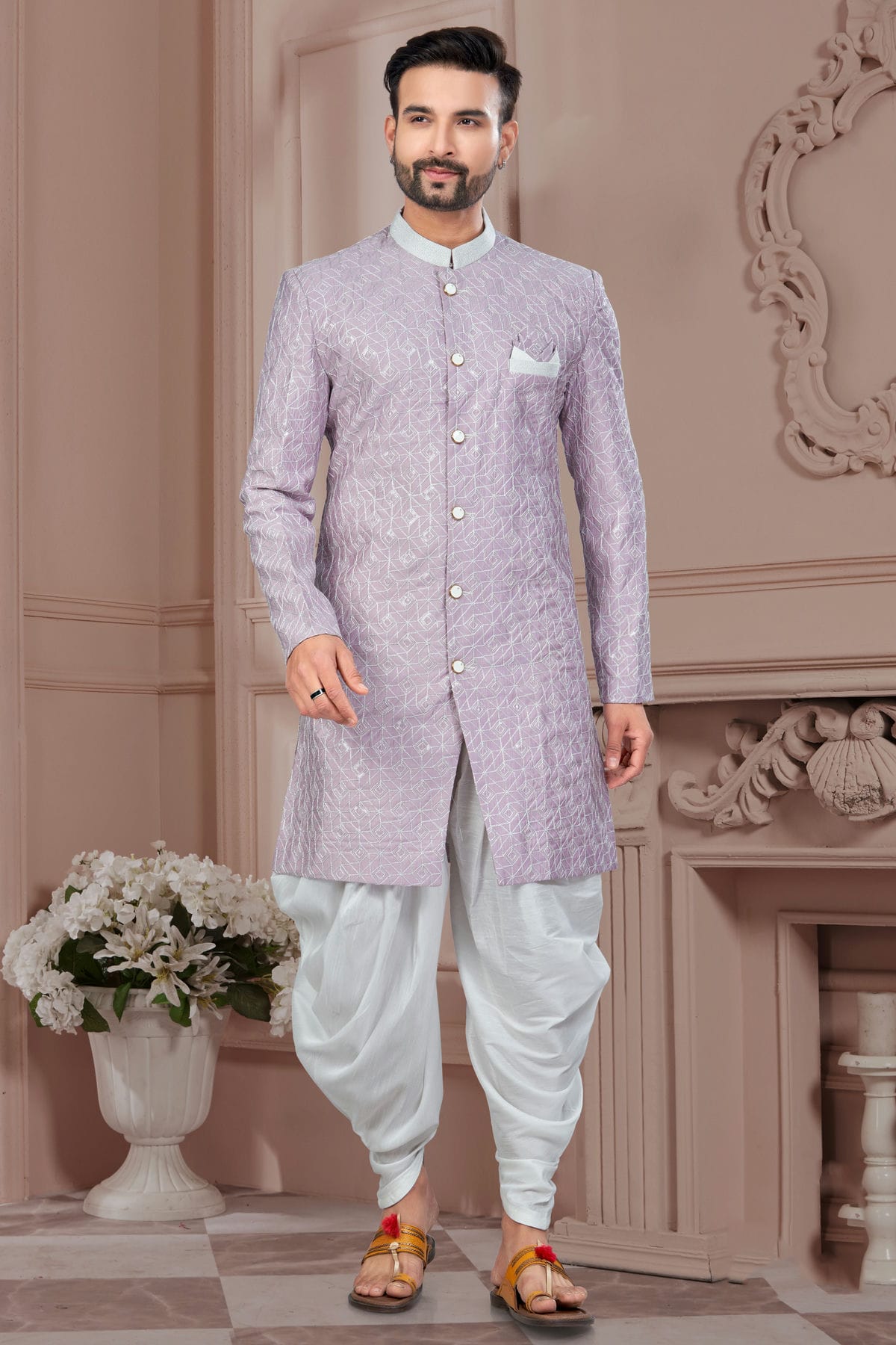 Light Purple Colour Silk Dupion Dhoti Sherwani