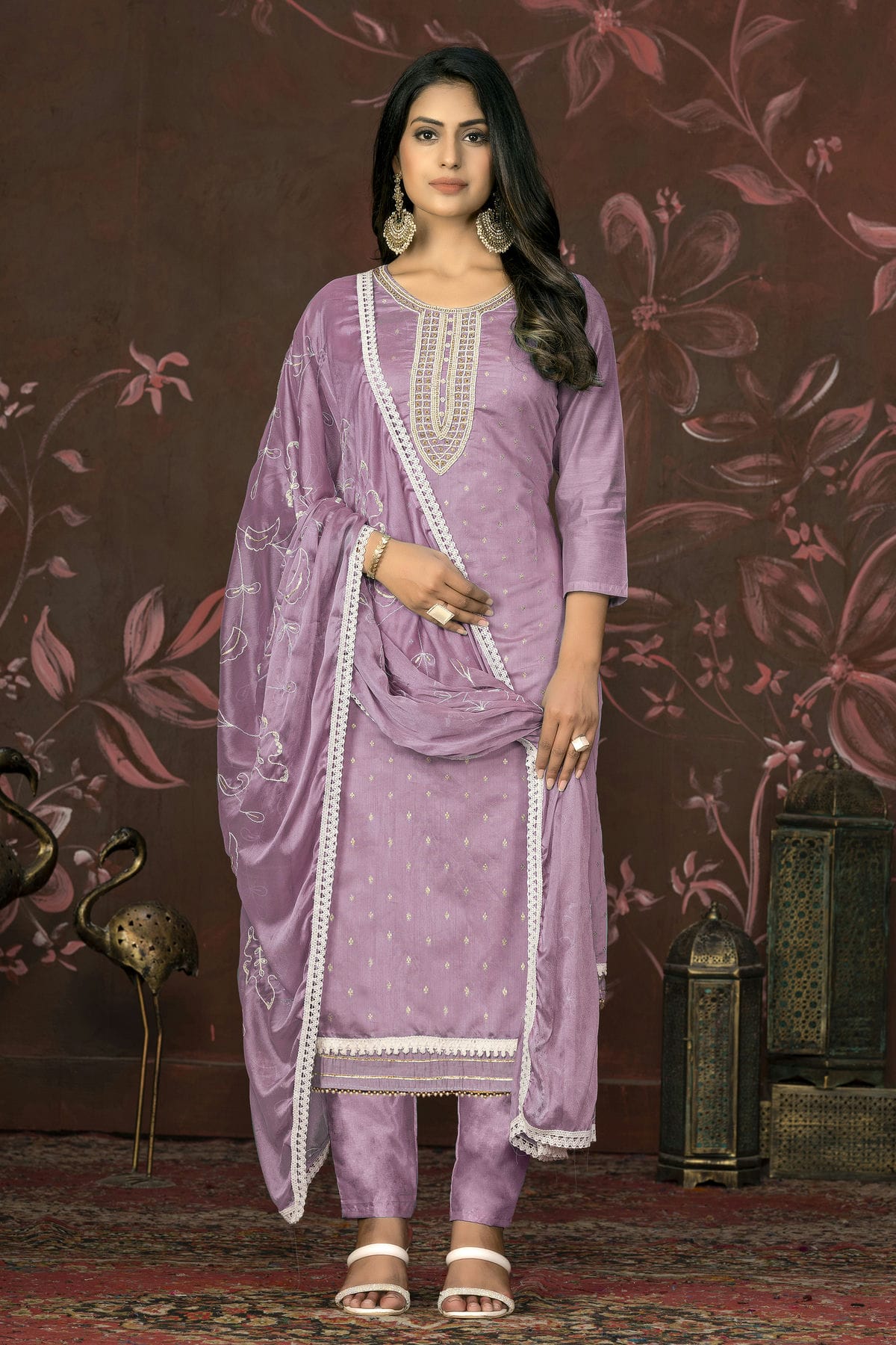 Light Purple Colour Unstitched Modal Cotton Pant Style Suit