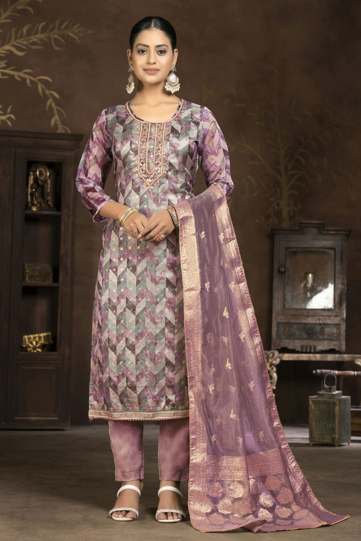 Light Purple Colour Unstitched Organza Jacquard Pant Style Suit