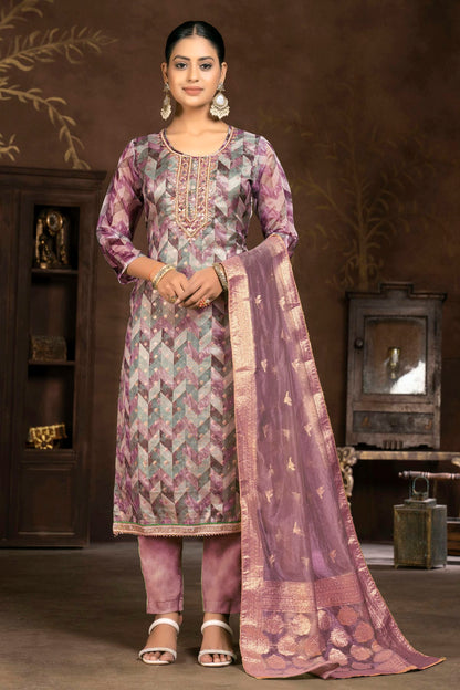 Light Purple Colour Unstitched Organza Jacquard Pant Style Suit