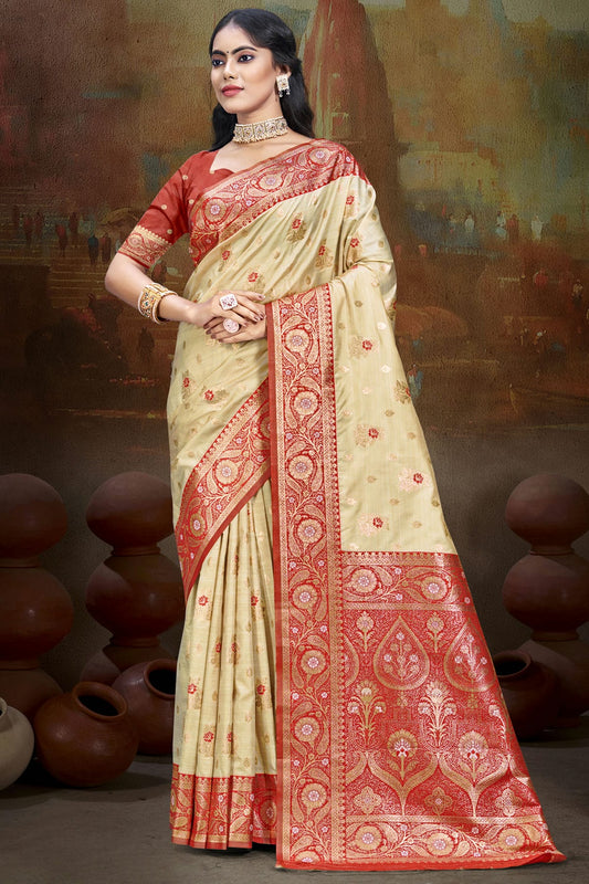 Light Red Colour Silk Woven Work Traditional Saree