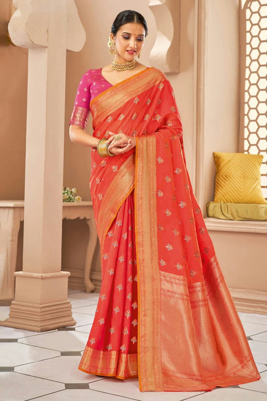 Light Red Colour Woven Work Cotton Saree