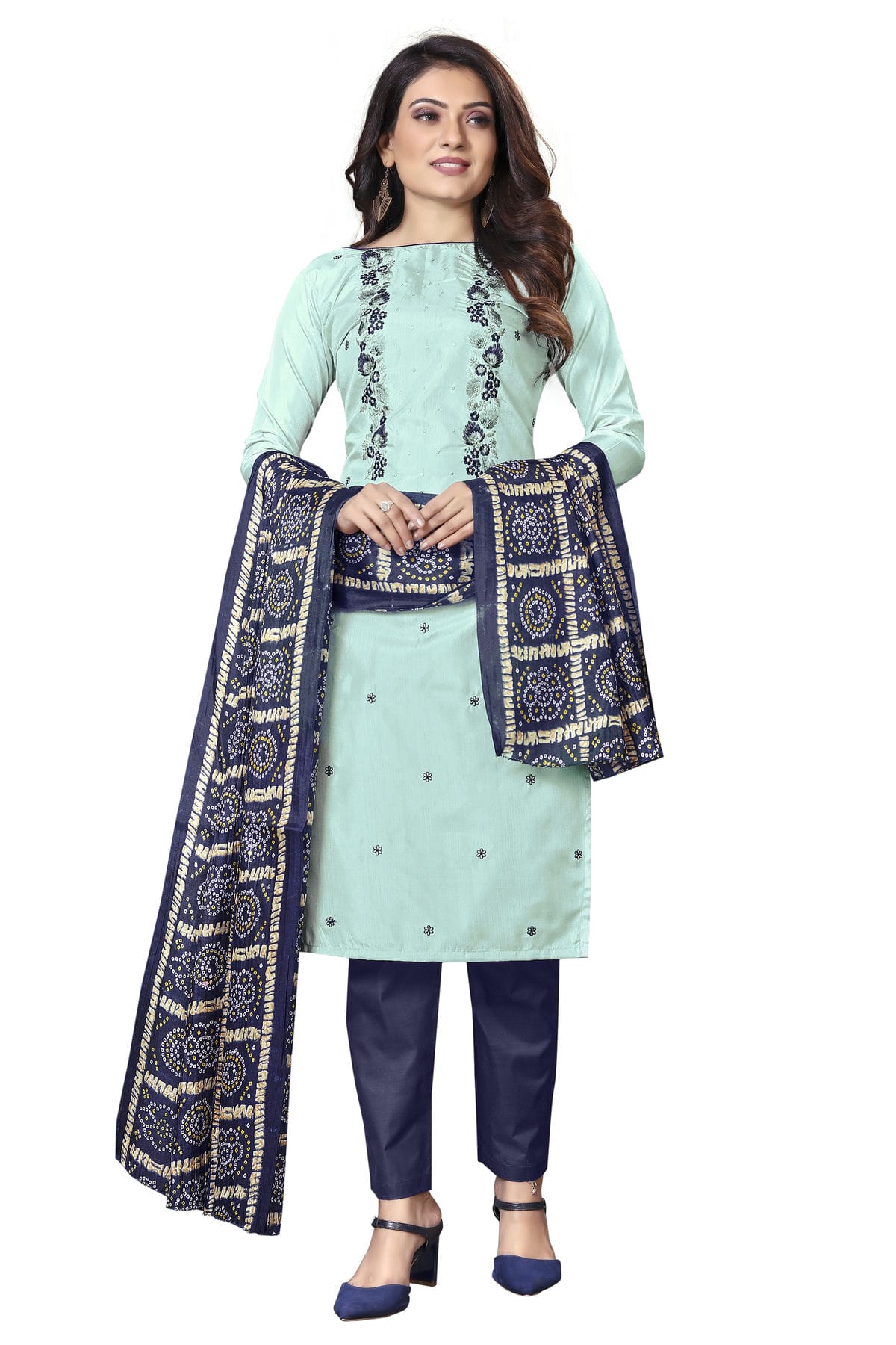 Light Sea Green Colour Unstitched Silk Straight Suit