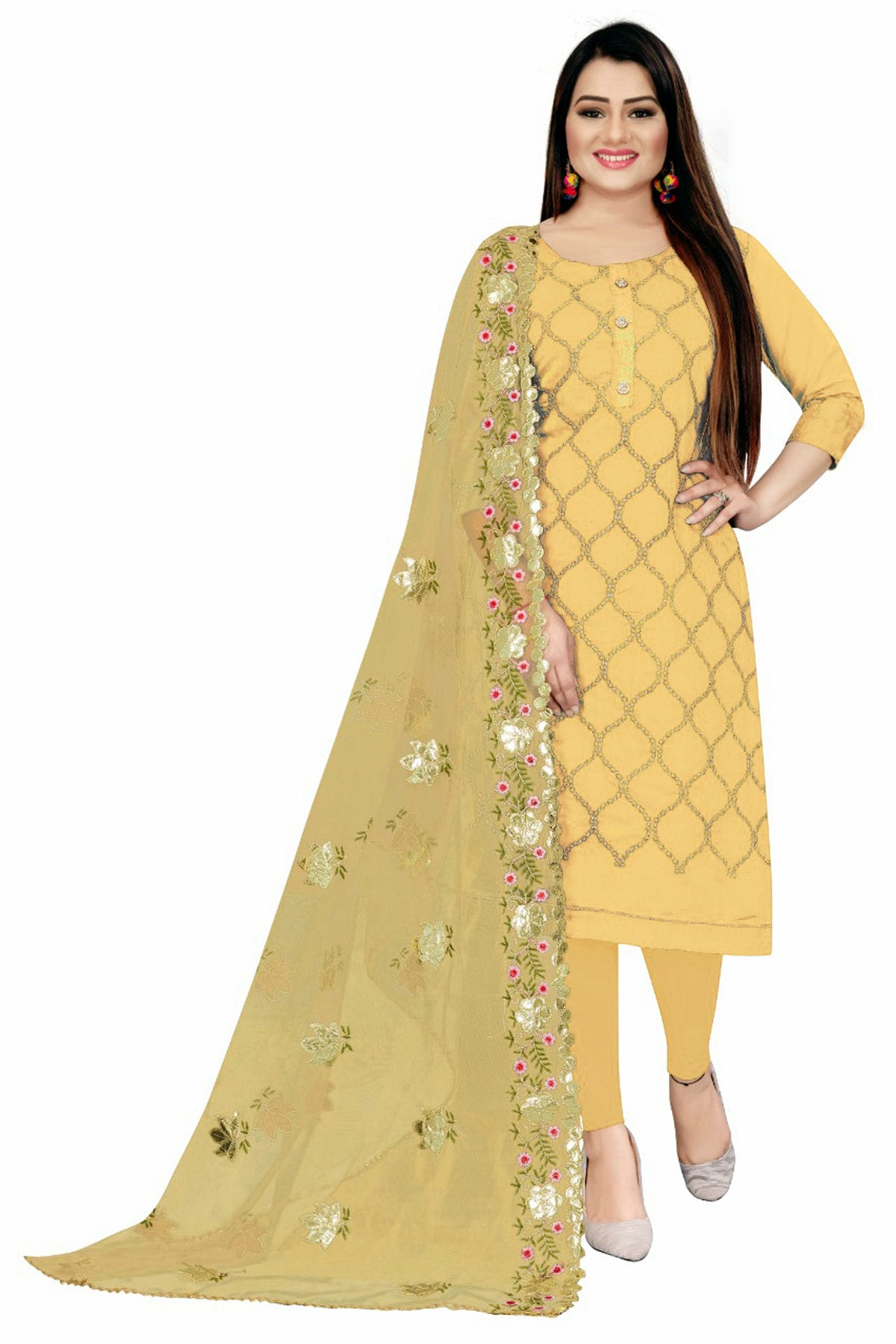 Light Yellow Colour Unstitched Chanderi Straight Suit