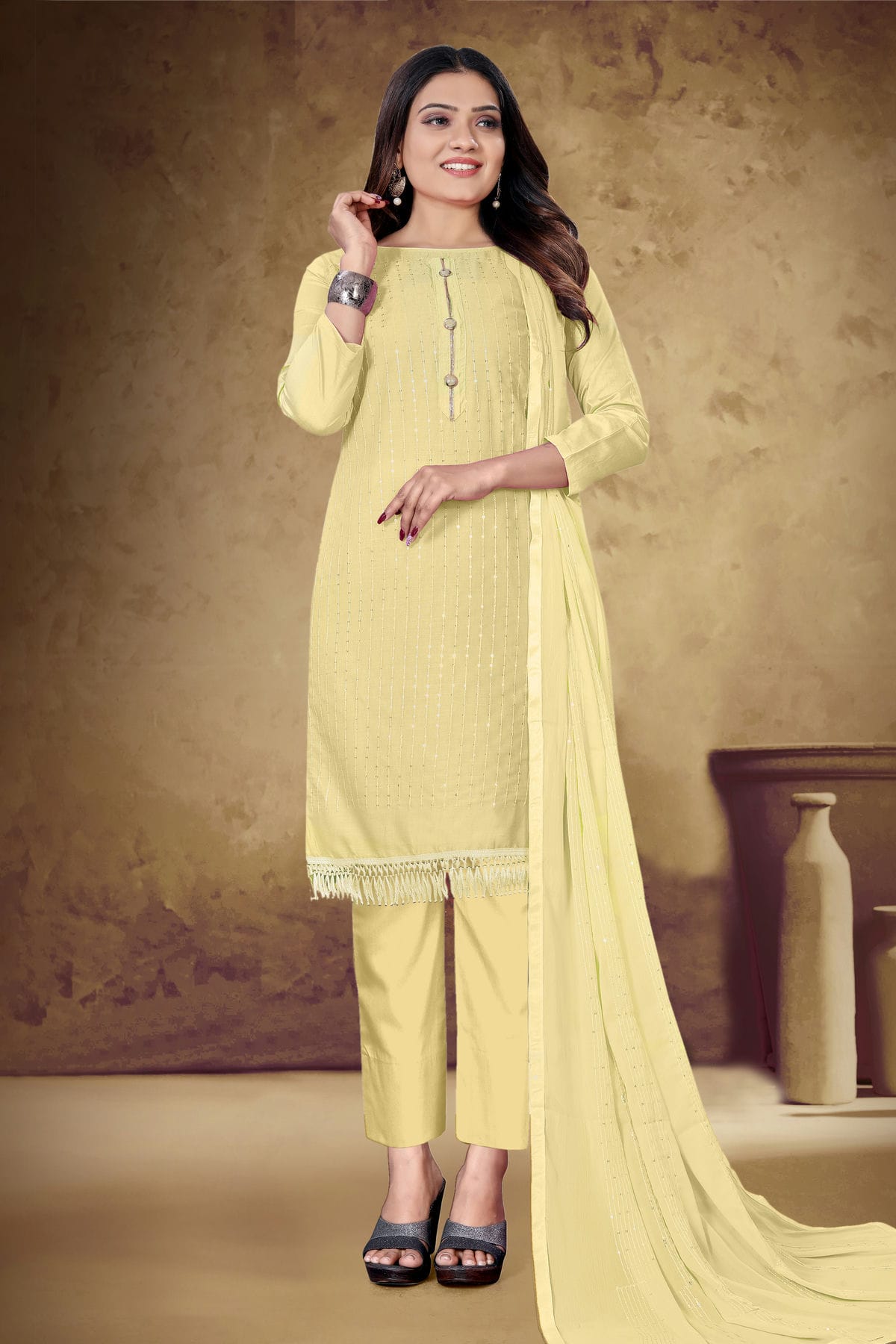 Light Yellow Colour Unstitched Cotton Pant Style Suit