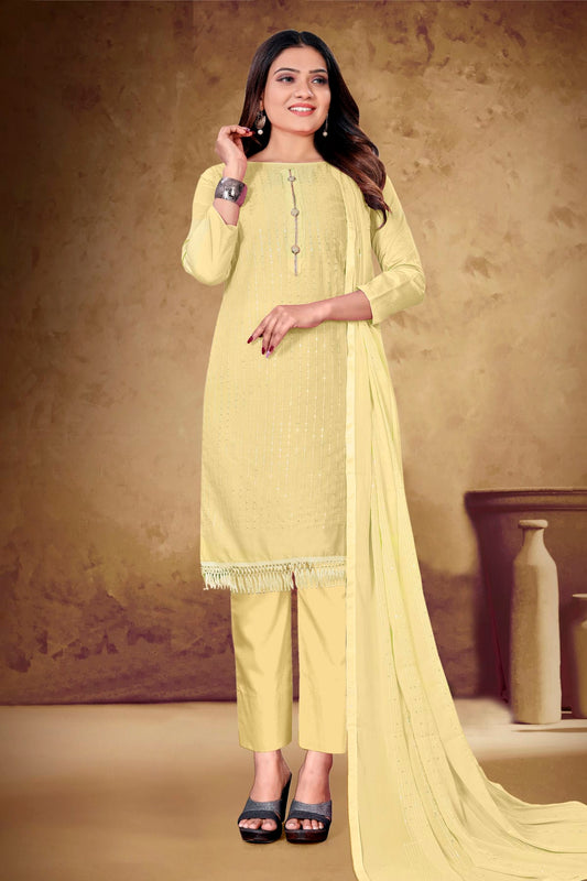 Light Yellow Colour Unstitched Cotton Pant Style Suit