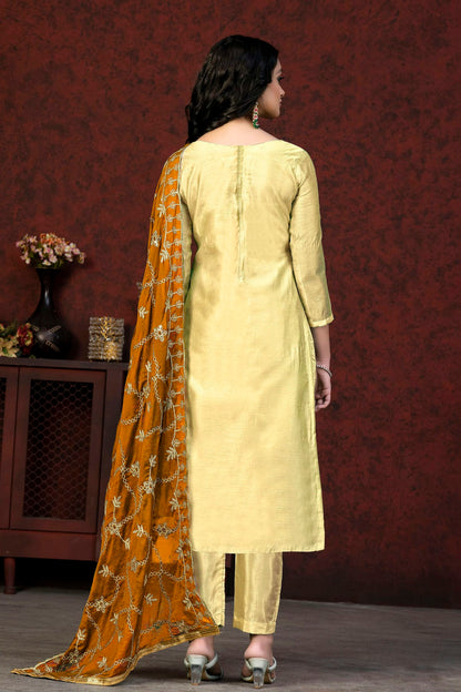 Light Yellow Colour Unstitched Modal Chanderi Fabric Straight Suit