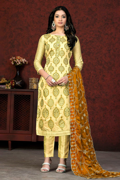 Light Yellow Colour Unstitched Modal Chanderi Fabric Straight Suit