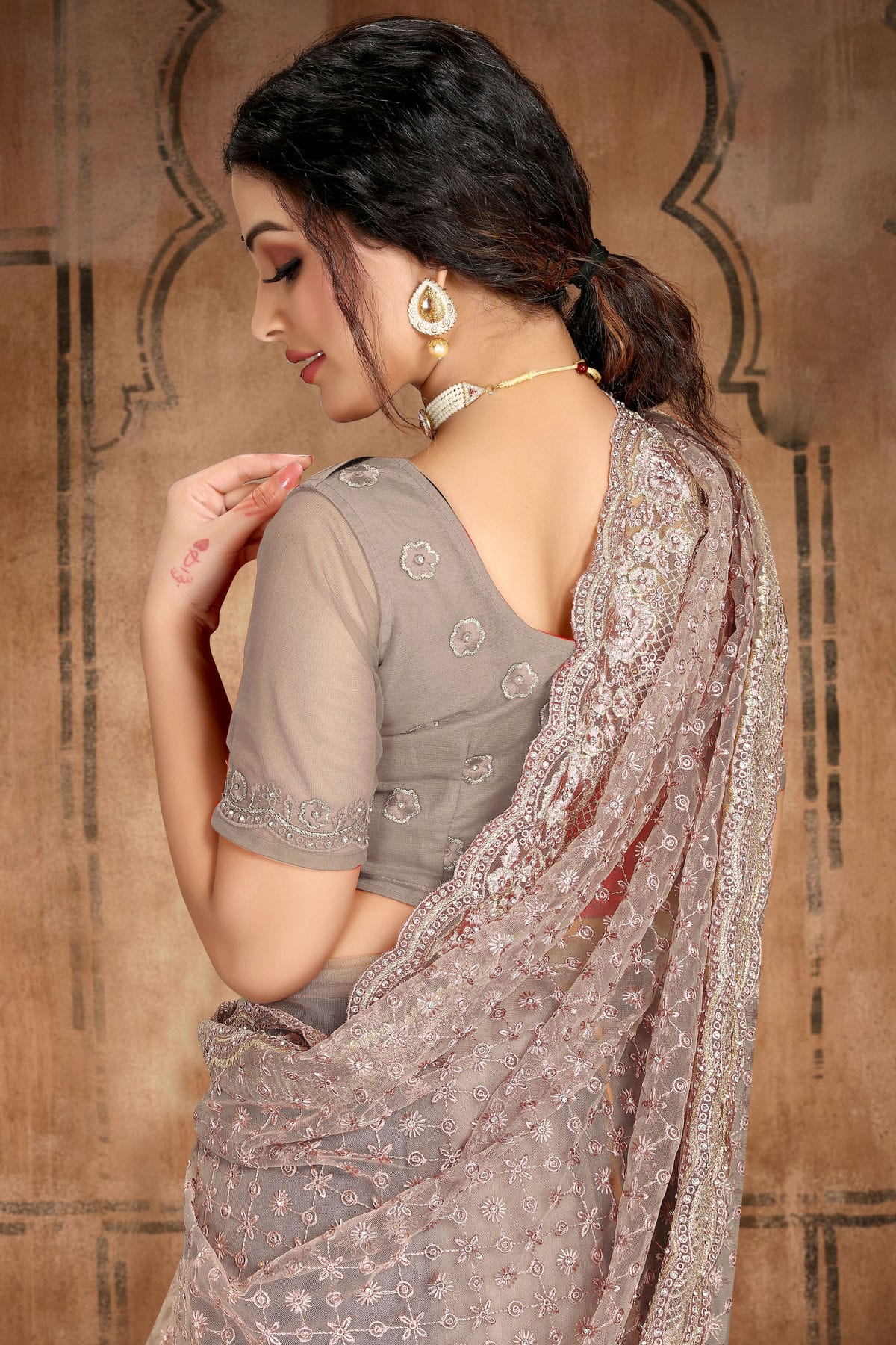 Light Grey Colour Net Saree