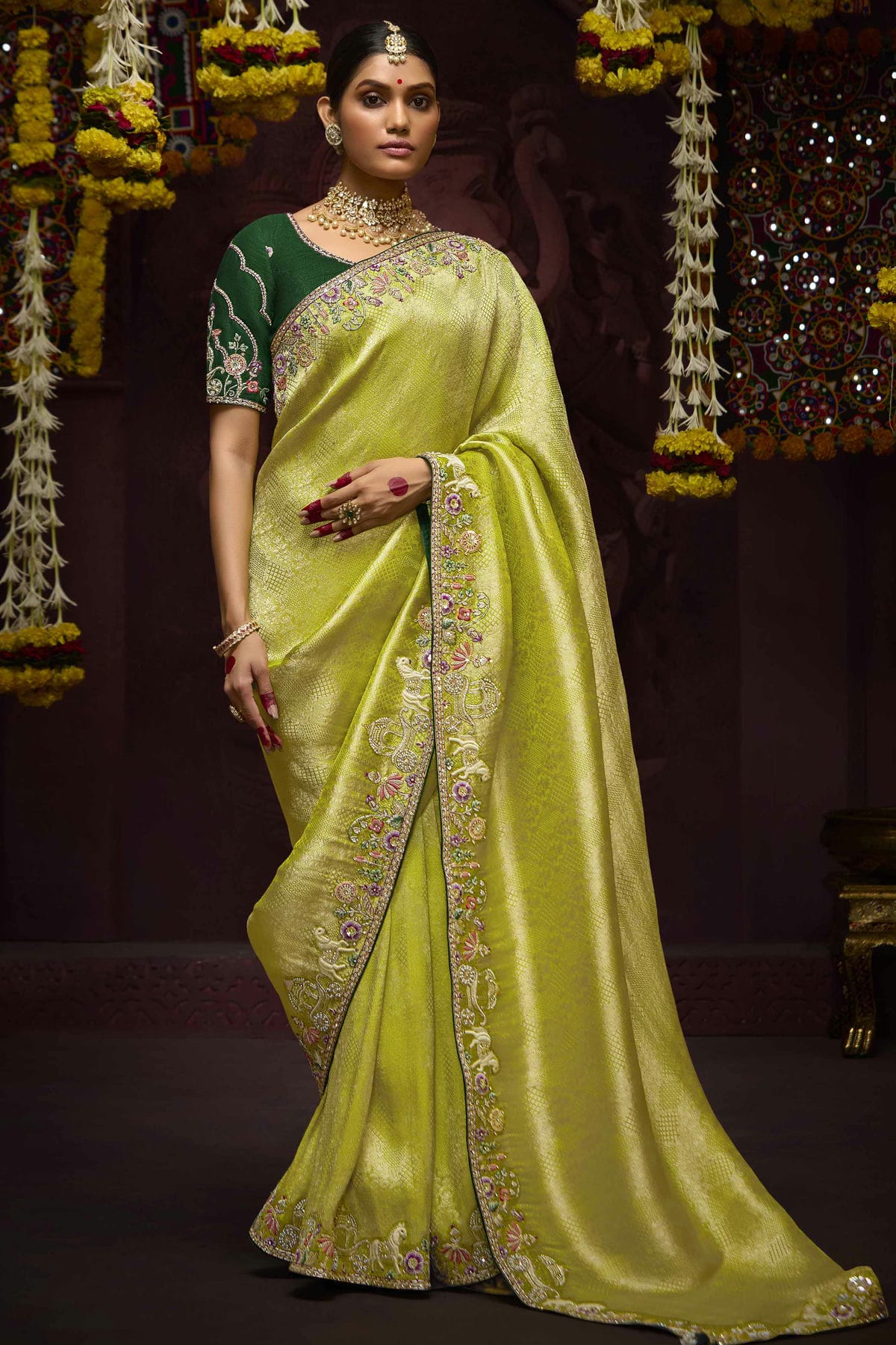 Lime Green Colour Banarasi Kanjivram Designer Saree