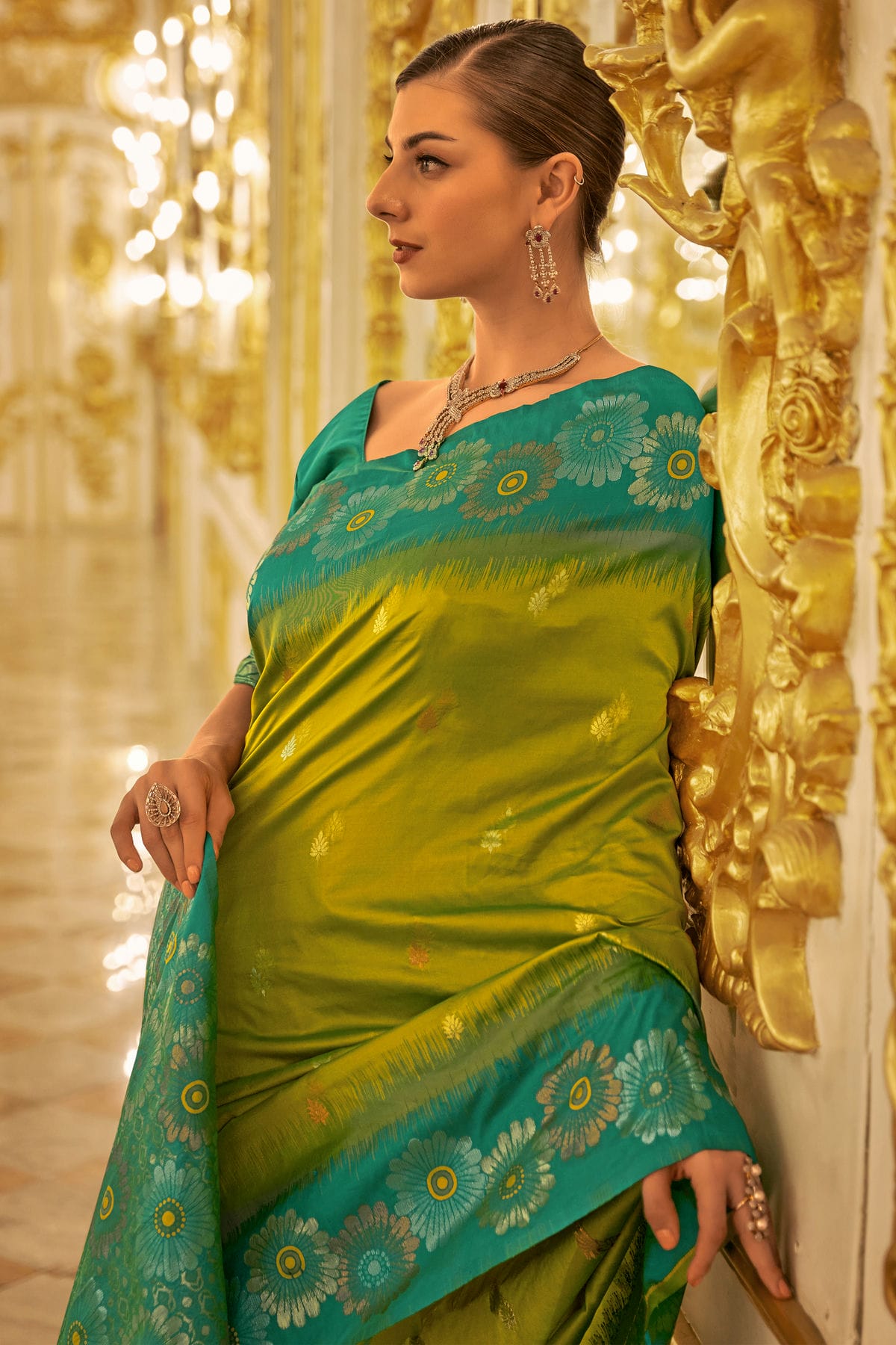 Lime Green Colour Banarasi Silk Saree