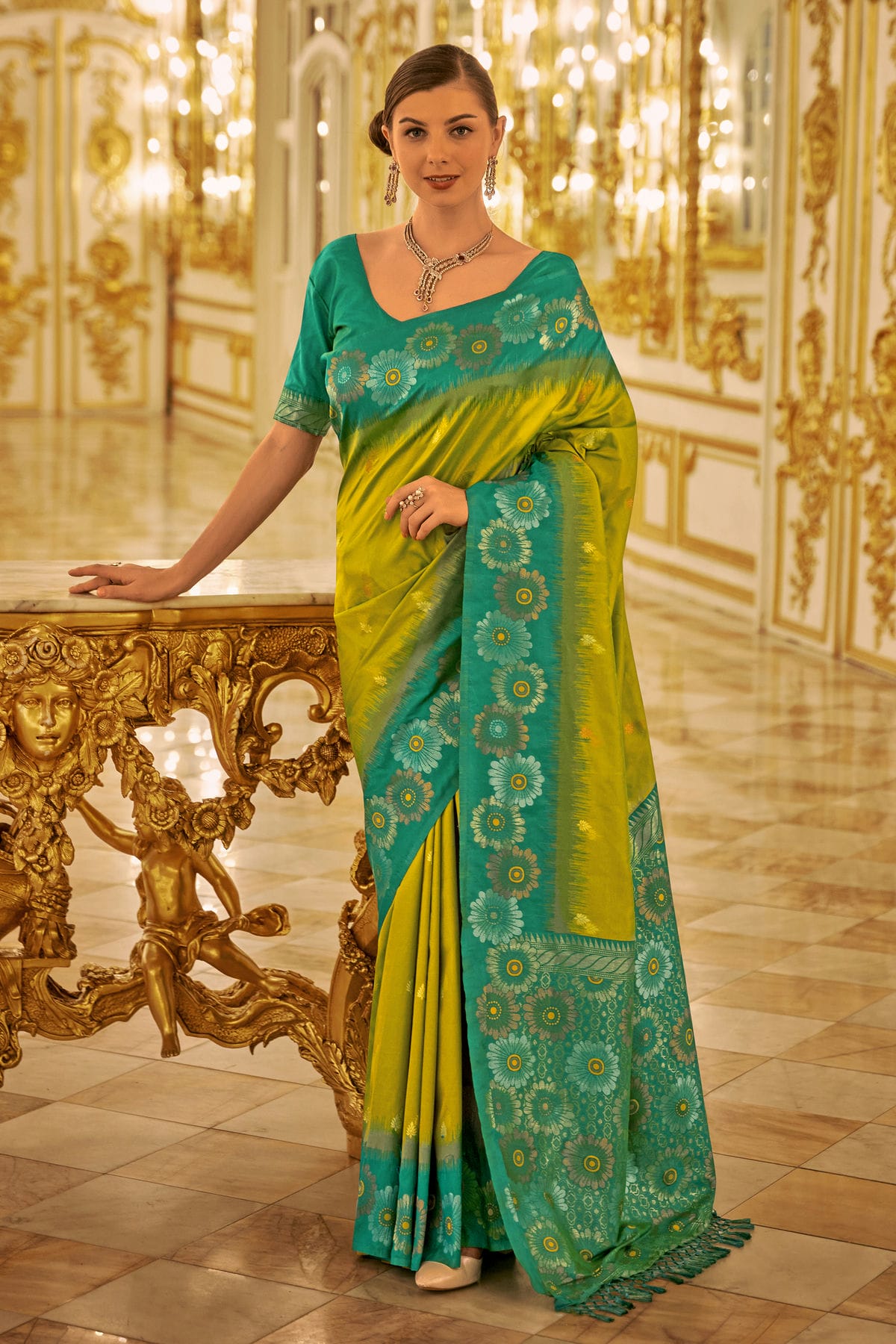 Lime Green Colour Banarasi Silk Saree