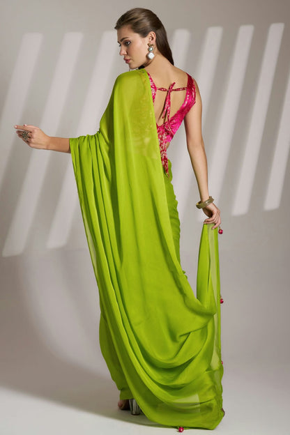 Lime Green Colour Chiffon Saree VSSD1112756