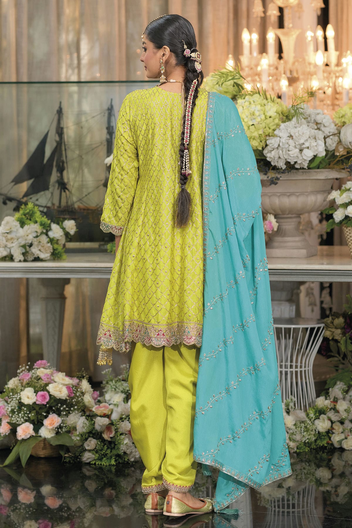 Lime Green Colour Chinon Readymade Patiala Suit