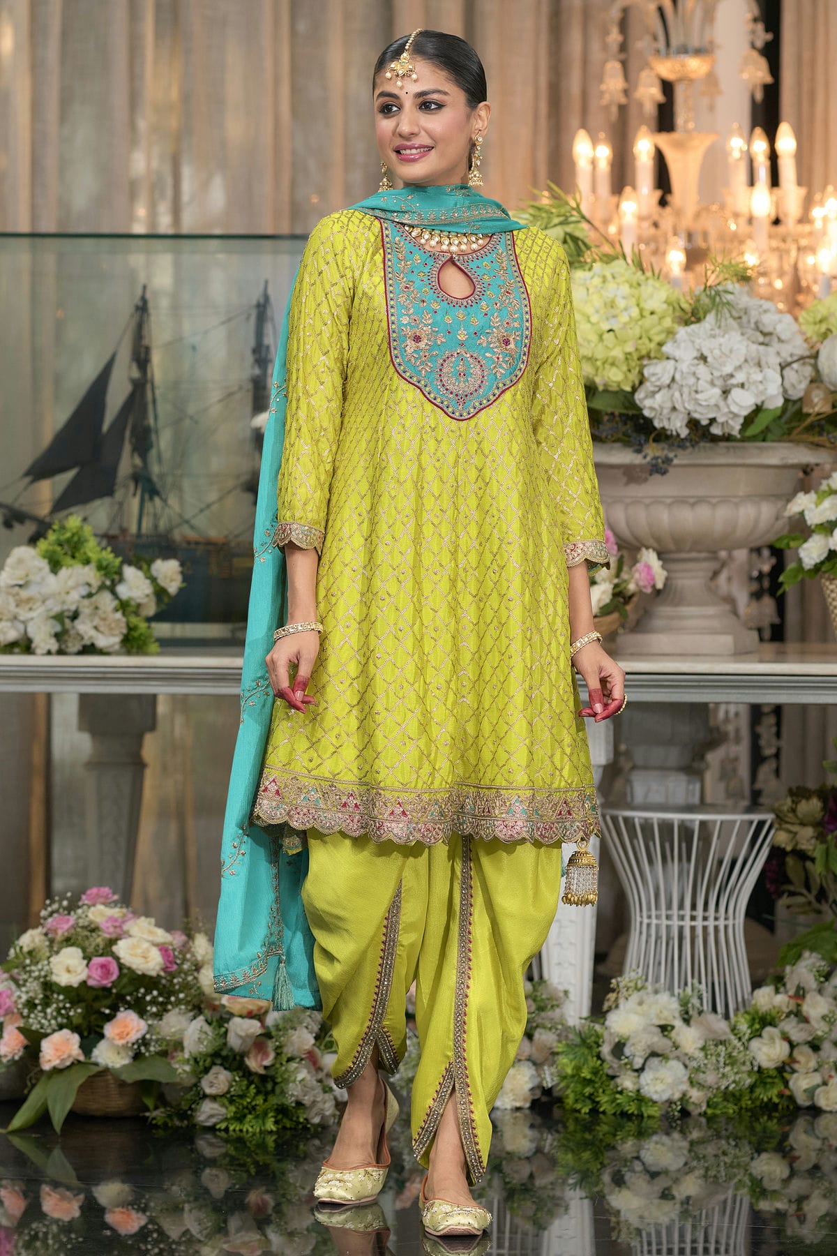 Lime Green Colour Chinon Readymade Patiala Suit