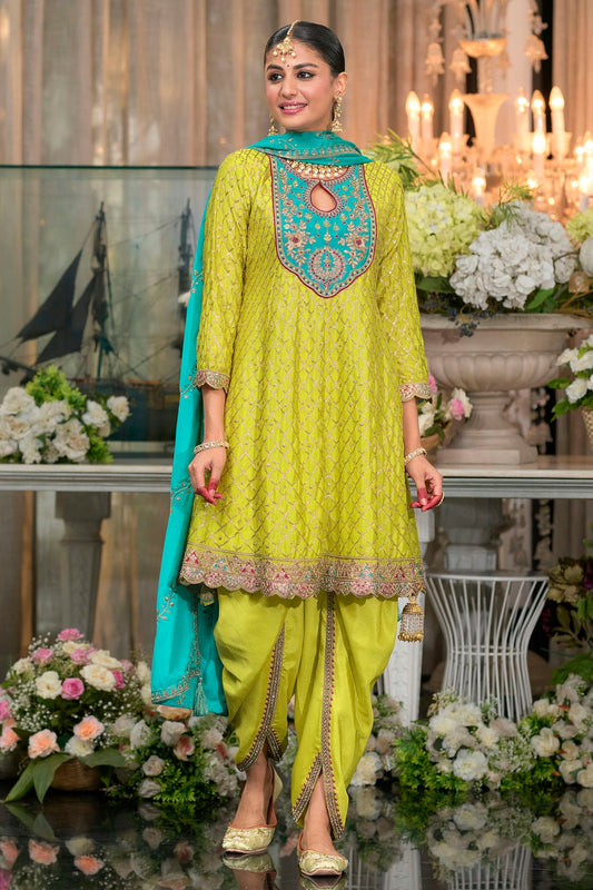 Lime Green Colour Chinon Readymade Patiala Suit