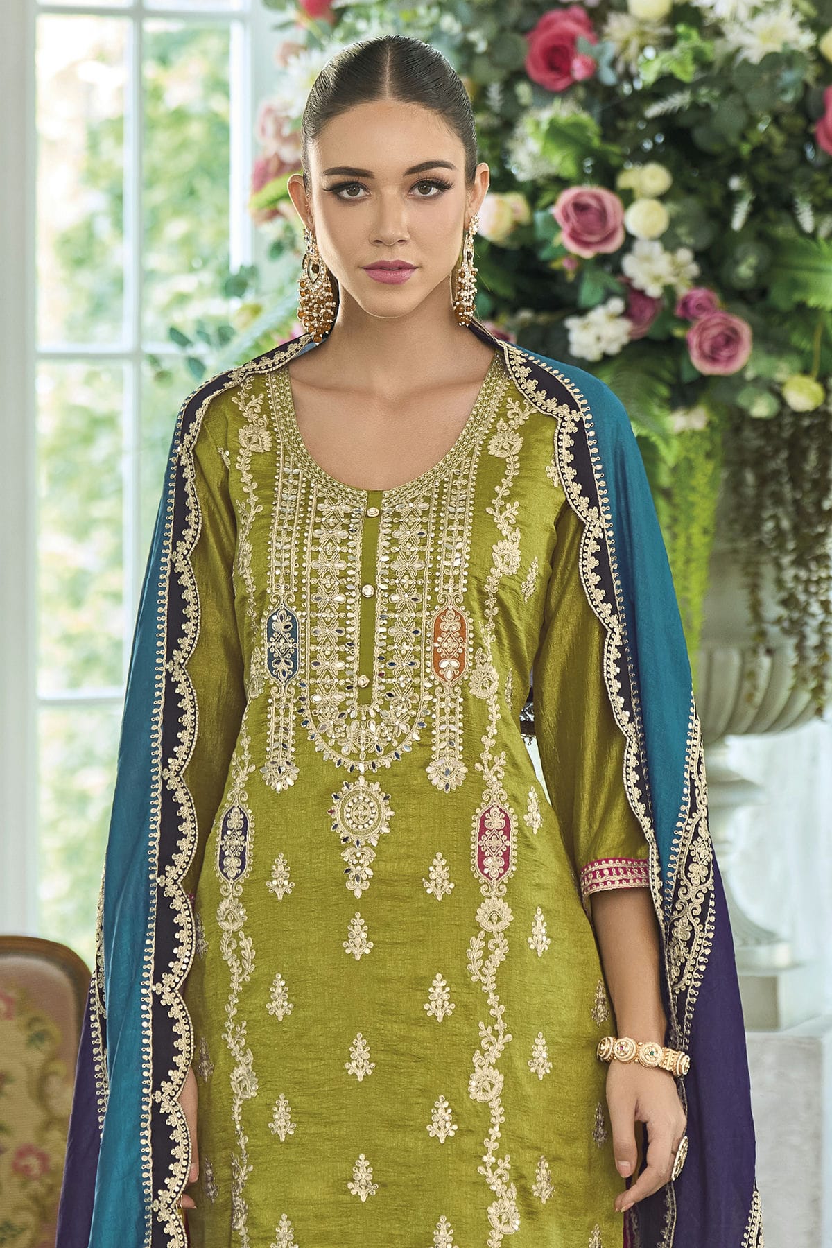 Lime Green Colour Chinon Silk Pakistani Suit VSSM1140590