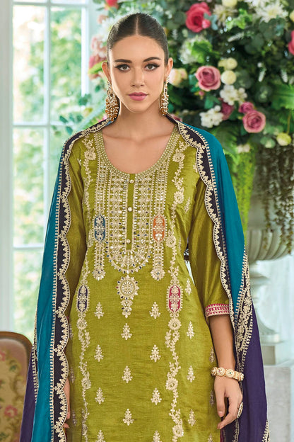 Lime Green Colour Chinon Silk Pakistani Suit VSSM1140590