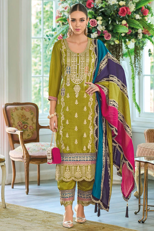 Lime Green Colour Chinon Silk Pakistani Suit