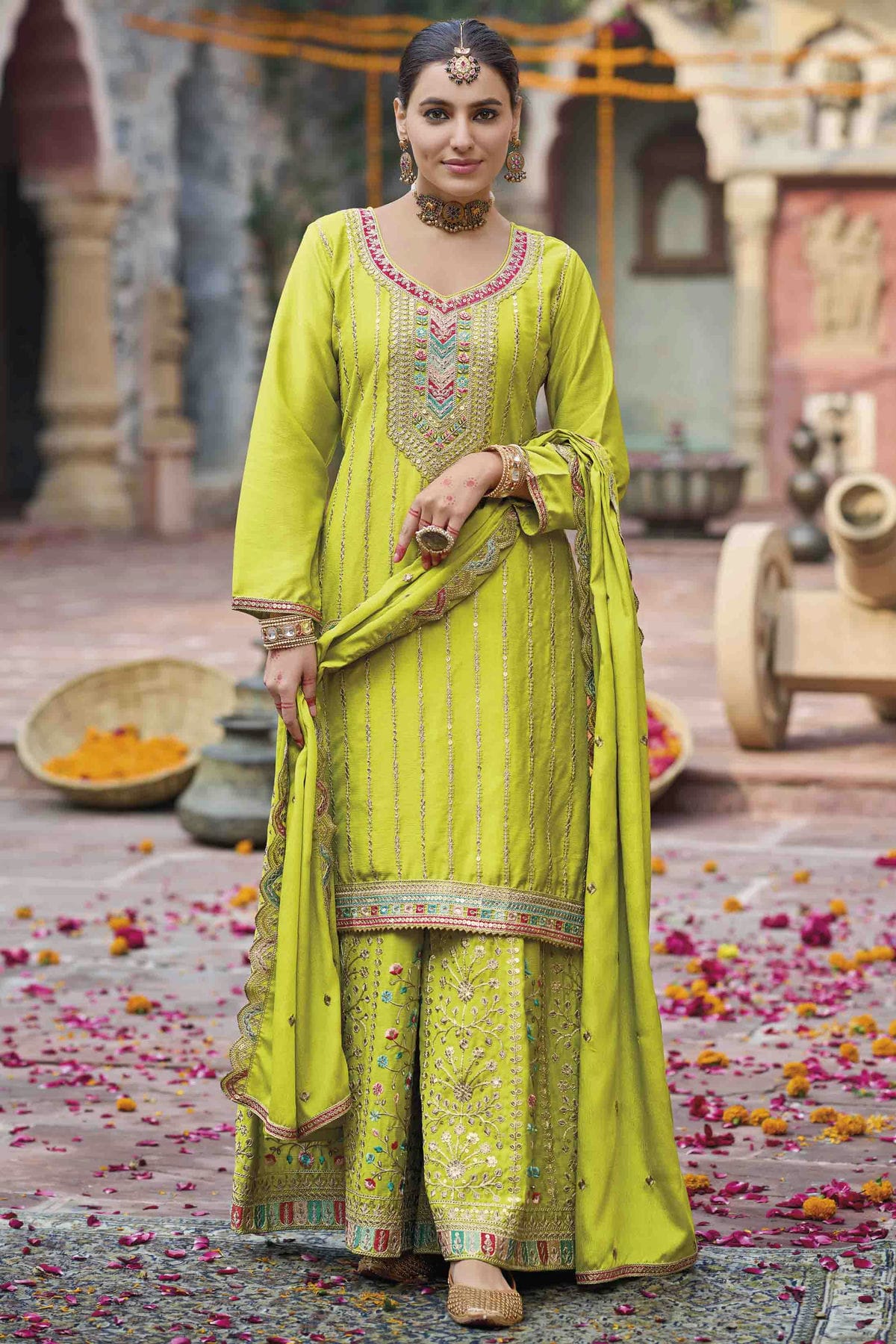 Lime Green Colour Chinon Stitched Palazzo Pant Suit VSSS1140755