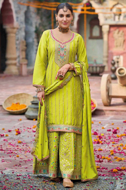 Lime Green Colour Chinon Stitched Palazzo Pant Suit VSSS1140755