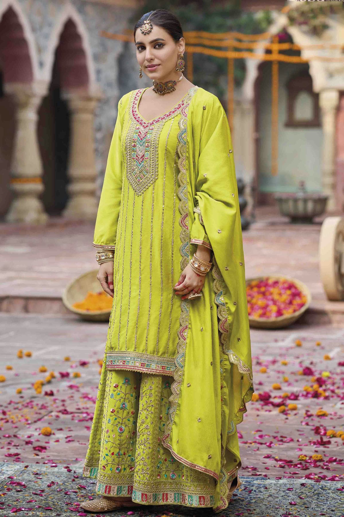 Lime Green Colour Chinon Stitched Palazzo Pant Suit VSSS1140755