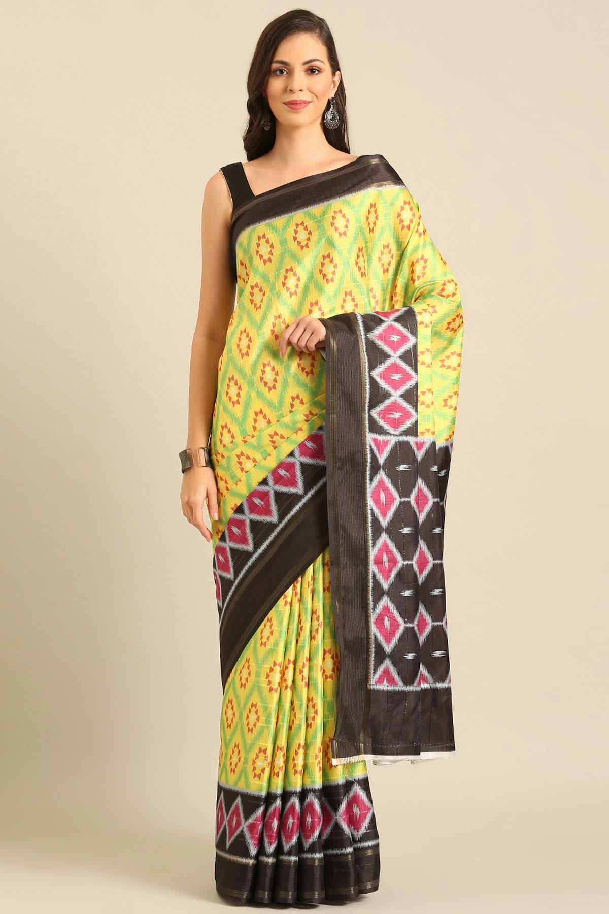 Lime Green Colour Cotton Manipuri Patola Handloom Saree