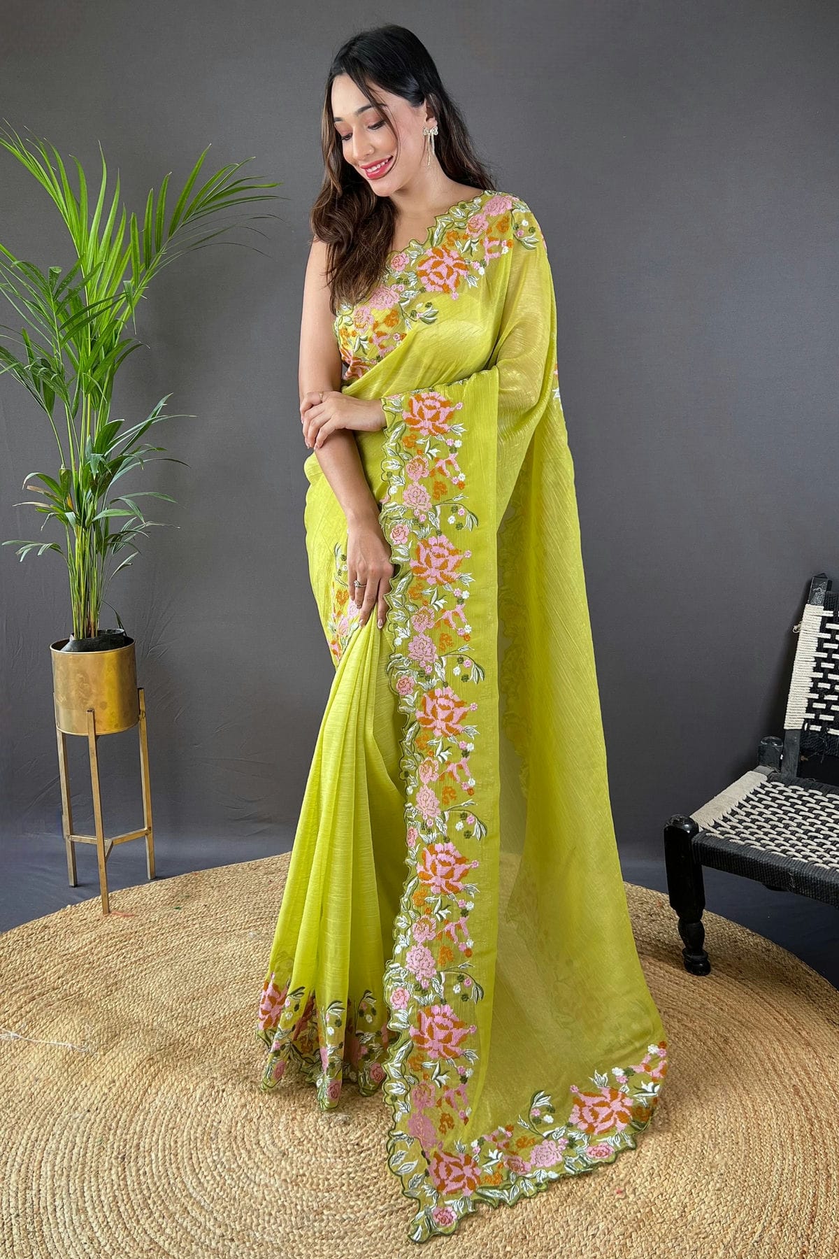 Lime Green Colour Glossy Silk Designer Saree