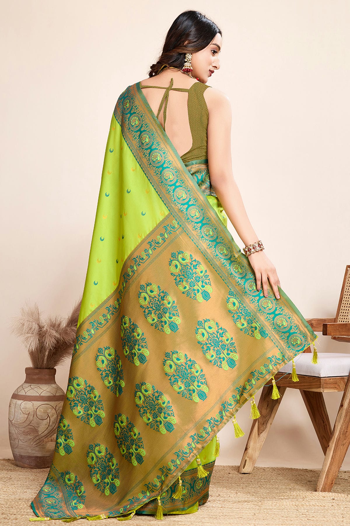 Lime Green Colour Jacquard Silk Traditional Saree