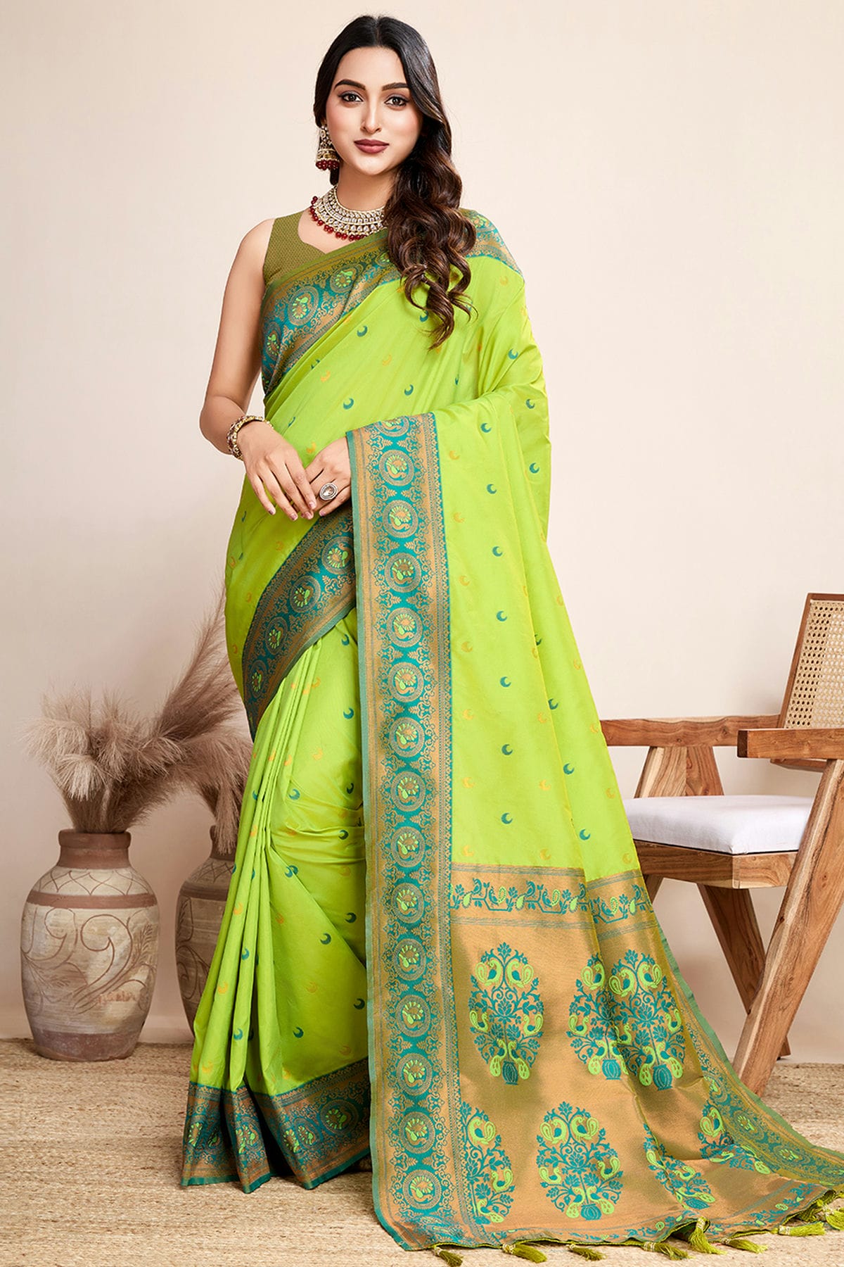 Lime Green Colour Jacquard Silk Traditional Saree