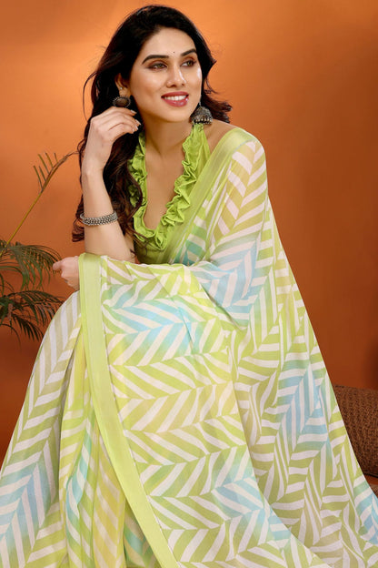 Lime Green Colour Moss Satin Printed Saree VSSD1180218