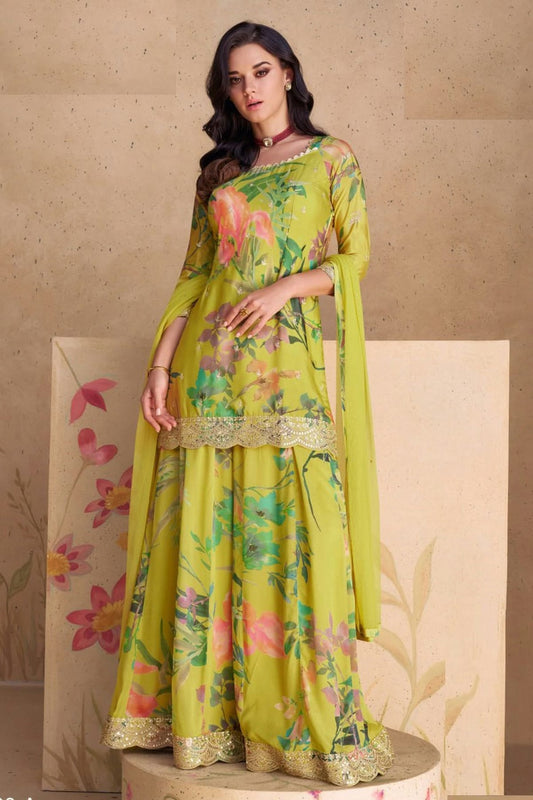 Lime Green Colour Semi Stitched Chinon Palazzo Pant Suit